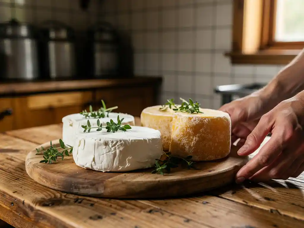 Houten kaasplank met romige verse geitenkaas en gouden gerijpte geitenkaaswielen, gegarneerd met verse kruiden op rustieke eiken tafel