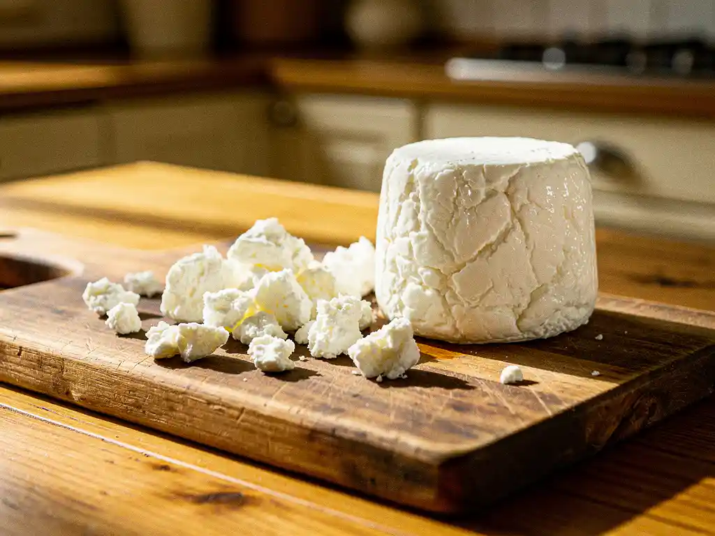 Verse witte geitenkaas met kruimels op rustieke houten snijplank in traditionele Nederlandse keuken