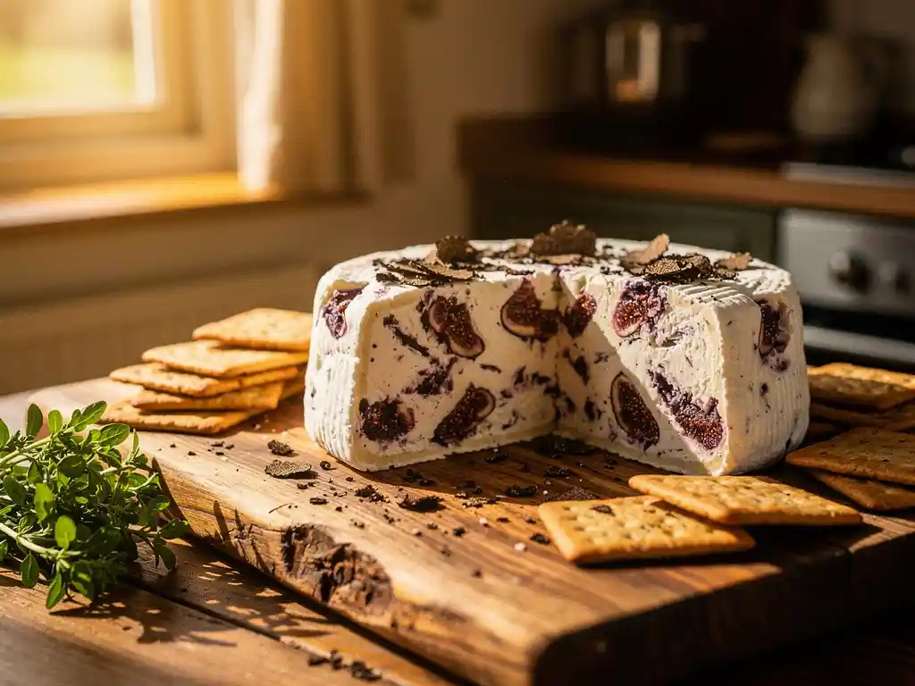 Geitenkaas met vijgen en truffels op houten plank met crackers in Nederlandse boerenkeuken