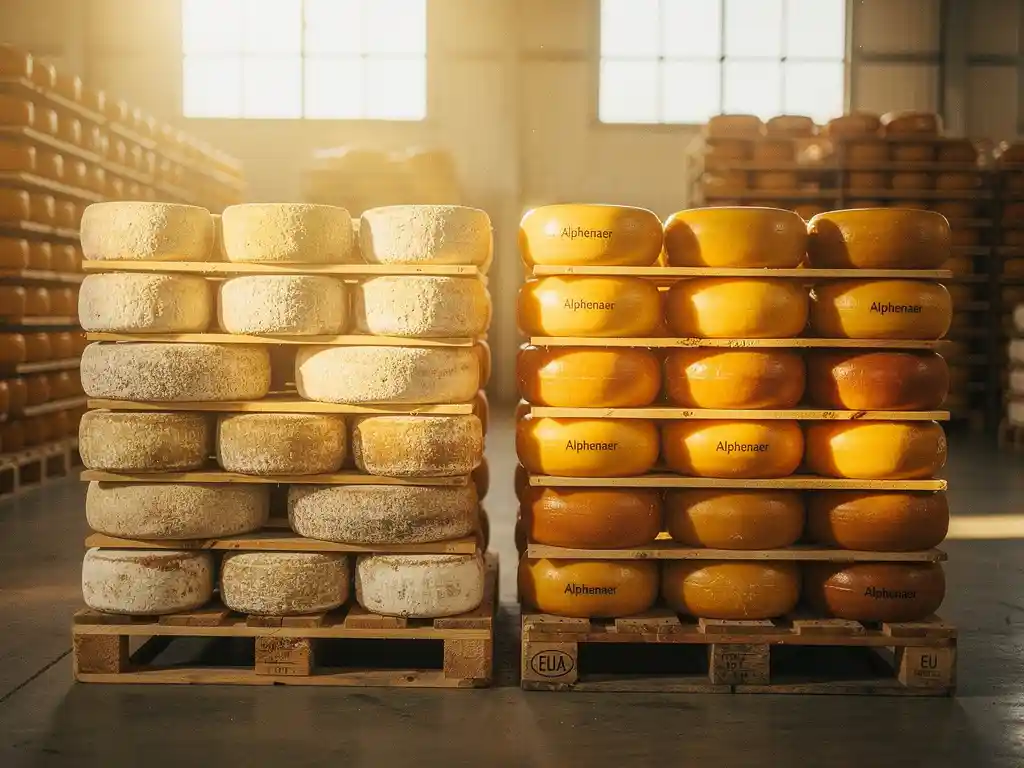 Twee houten pallets met gerijpte Nederlandse geitenkaas en gewaxte Alphenaer kaaswielen in heldere kaaspakhuis