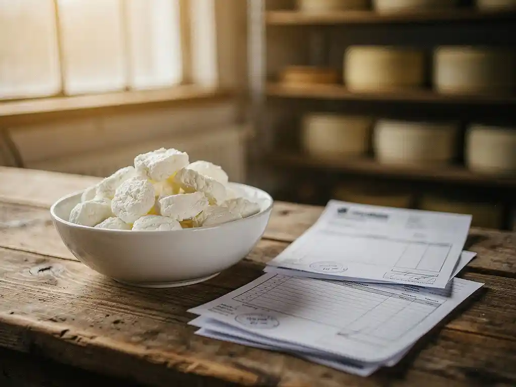 Witte keramische kom gevuld met verse geitenkaas wrongel op houten tafel naast facturen in kaasmakerij