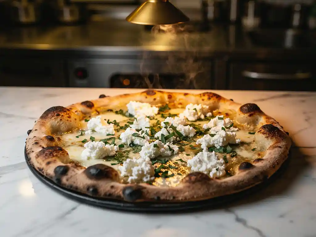 Houtgestookte pizza met geitenkaas en verse kruiden op marmeren aanrecht in moderne pizzeria keuken