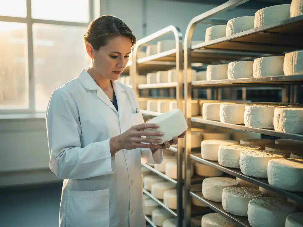 Voedselveiligheidscontroleur in witte laboratoriumjas inspecteert verse geitenkaaswielen op roestvrij stalen rijpingsrekken in kaasproductiefaciliteit