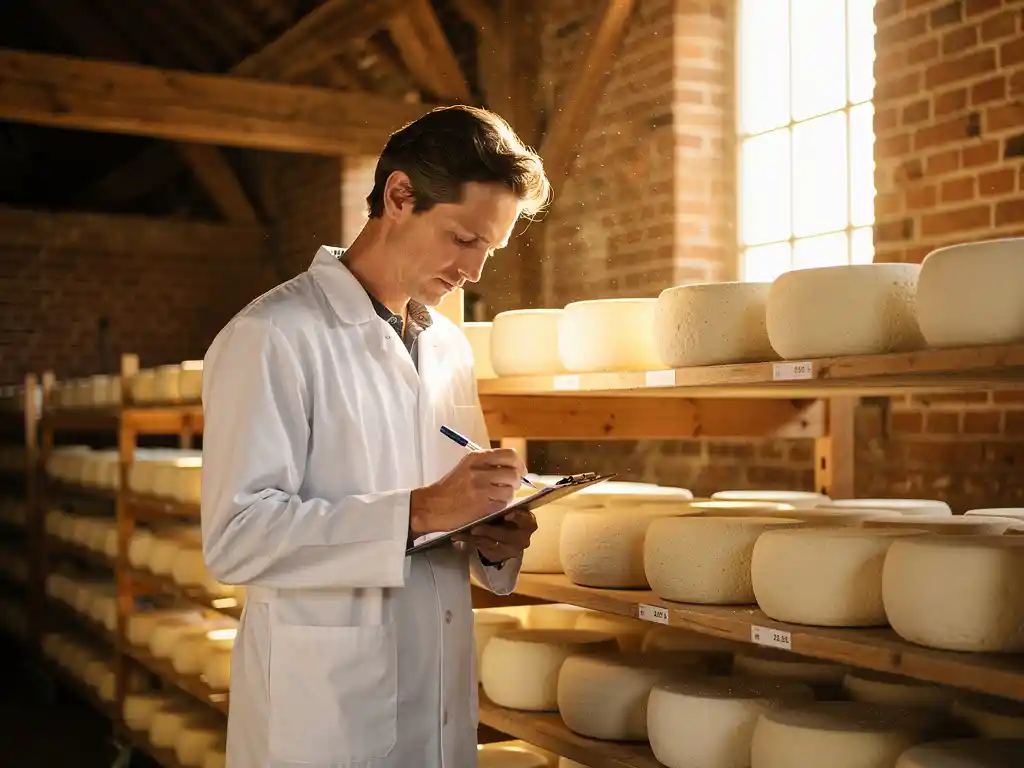 Kwaliteitsinspecteur in witte laboratoriumjas onderzoekt geitenkaaswielen op houten rijpingsplanken in traditionele Nederlandse kaasfabriek