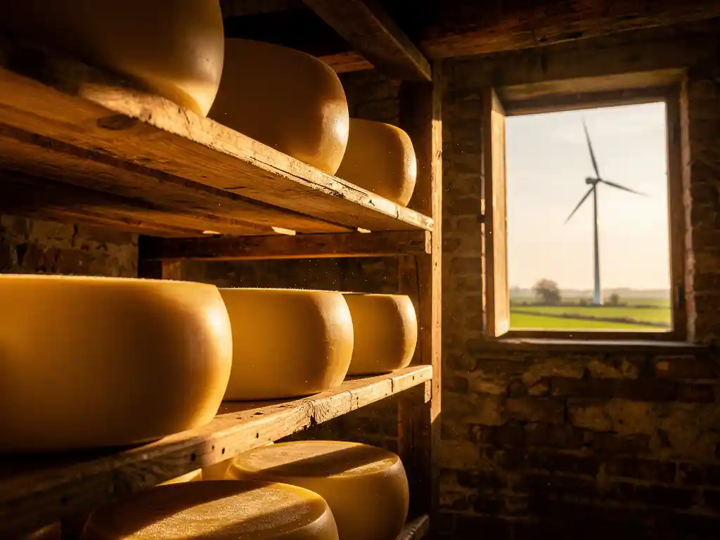 Nederlandse kaaswielen rijpen op houten planken in rustieke kelder met windmolen zichtbaar door raam