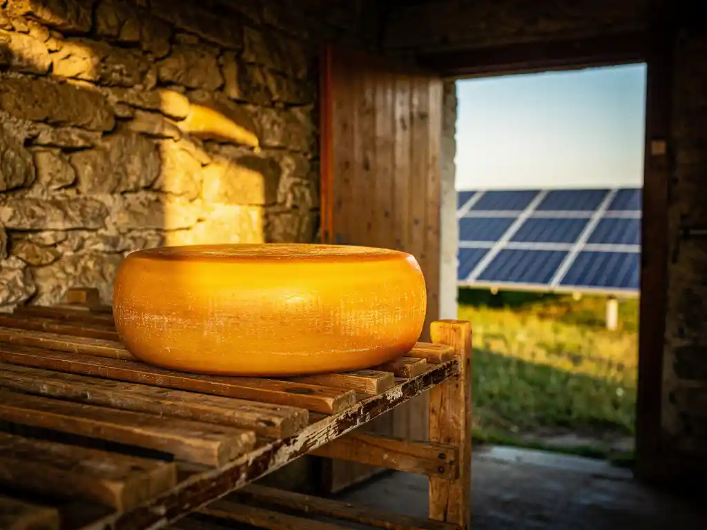 Traditionele Nederlandse kaaswielen op houten rijpingsrek in kelder met zonnepanelen zichtbaar door open deur