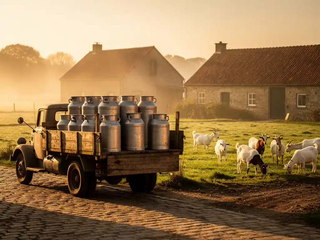 Verweerde houten boerenvrachtwagen vol verse melkbussen bij rustieke Nederlandse kaasmakerij, grazende geiten in mistige weilanden bij zonsopgang