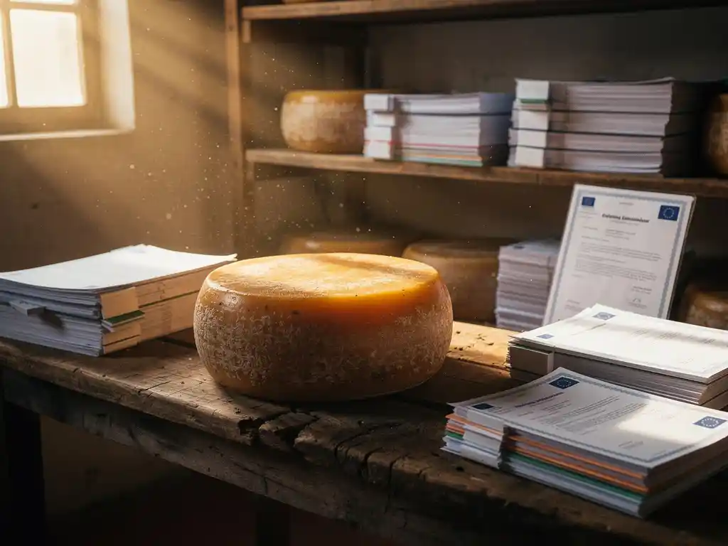 Traditionele Nederlandse kaaswielen rijpen op houten planken omringd door EU-certificaten in artisanale rijpingsruimte