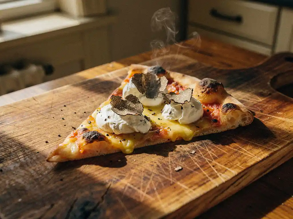Gesneden artisanale pizza met geitenkaas en zwarte truffel op houten plank, stoom stijgt op van gouden korst