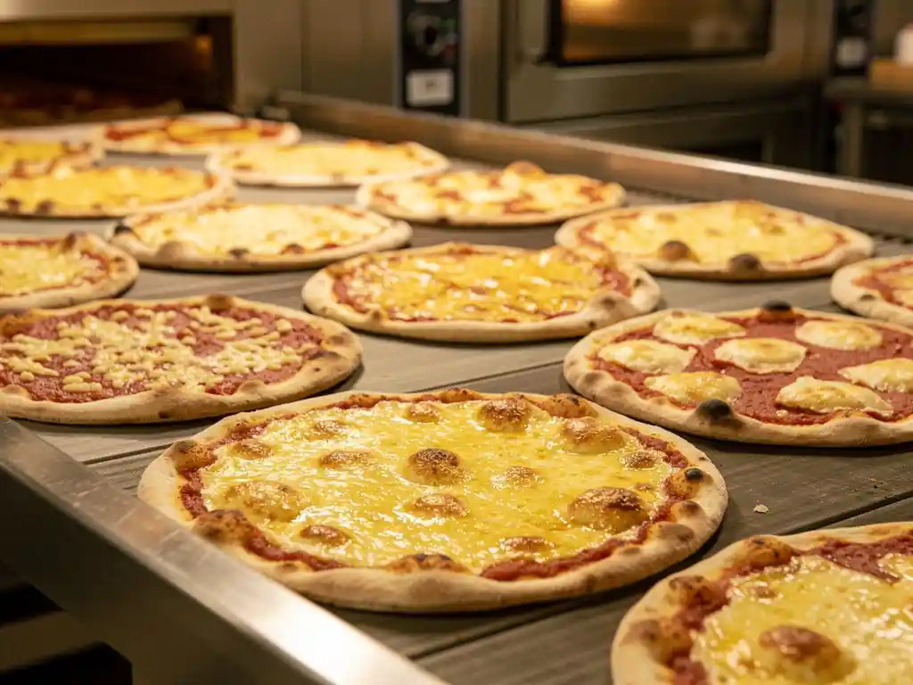 Pizza's op transportband met ongelijke kaasverdelingen, sommige met perfect gesmolten geitenkaas, andere met vlekkerige verdeling in industriële keuken