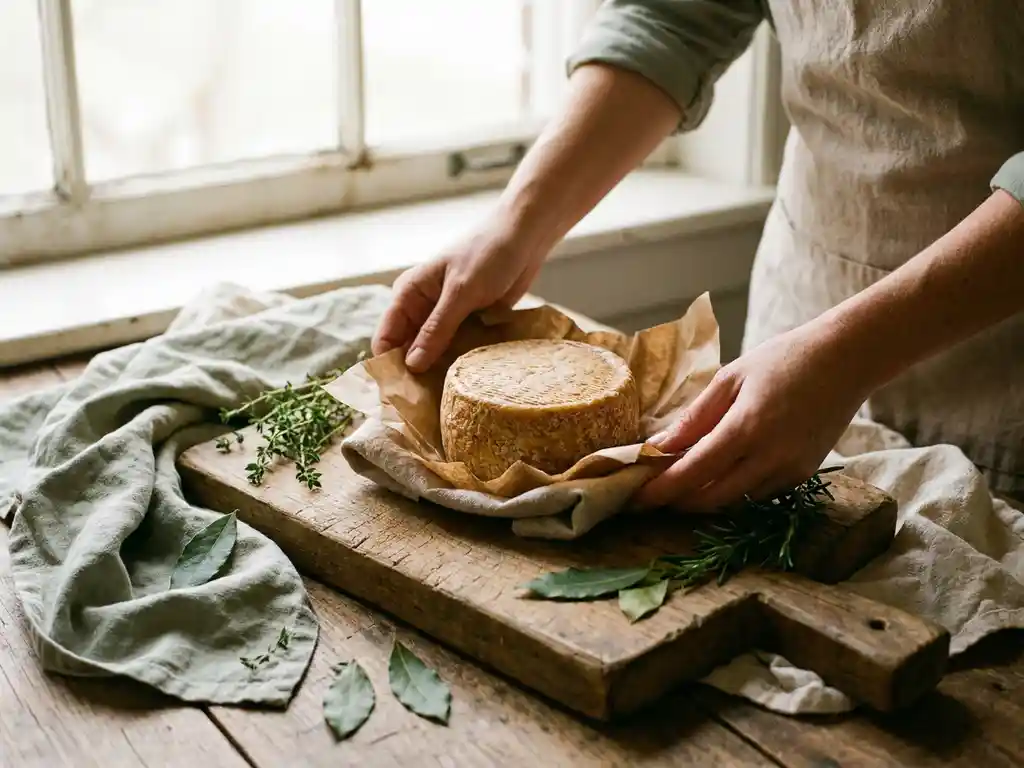 Ambachtelijk kaaswieltje dat wordt uitgewikkeld op een houten snijplank, omringd door verse kruiden en linnen doek, in warm natuurlijk licht.