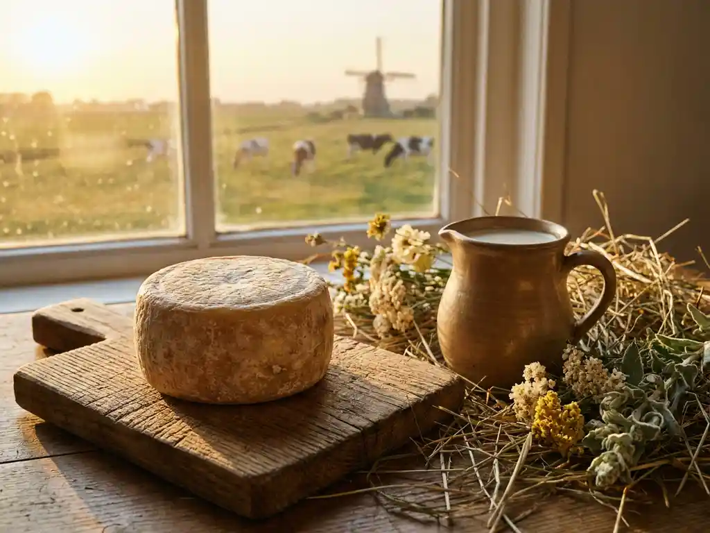 Verse geitenkaas op een verweerd houten plank met rauwe melk, veldbloemen en hooi, polderland zichtbaar op de achtergrond.