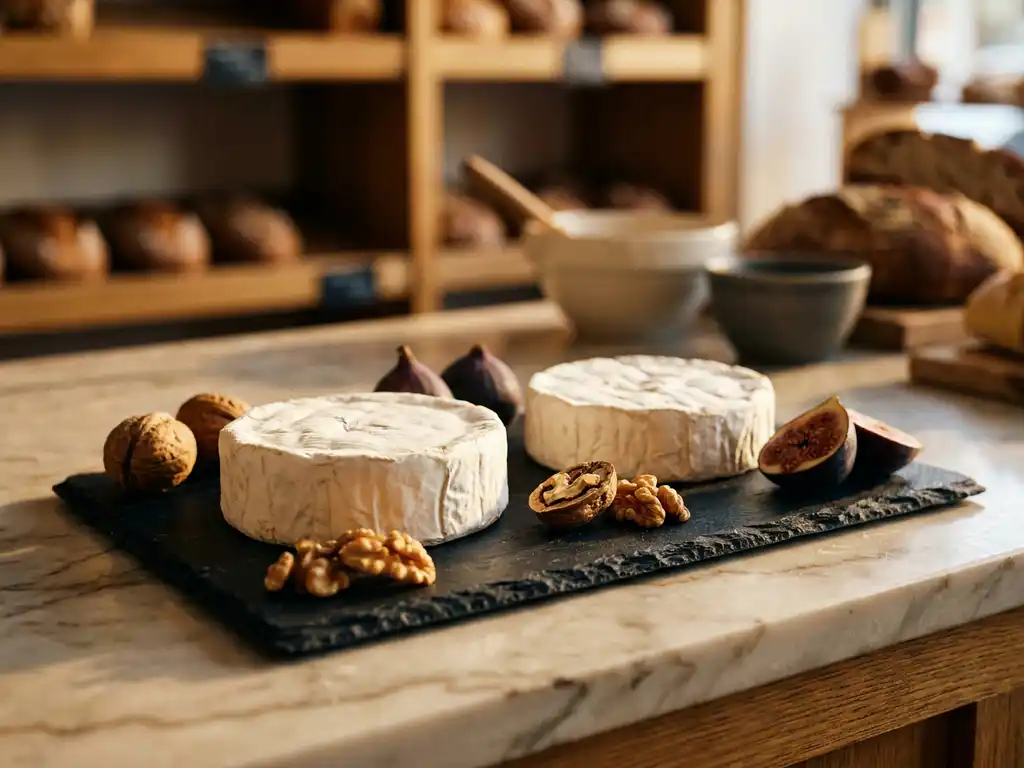 Wiel geitenmelk brie op leisteen plank met walnoten en verse vijgen, warm licht op romige witte korst.