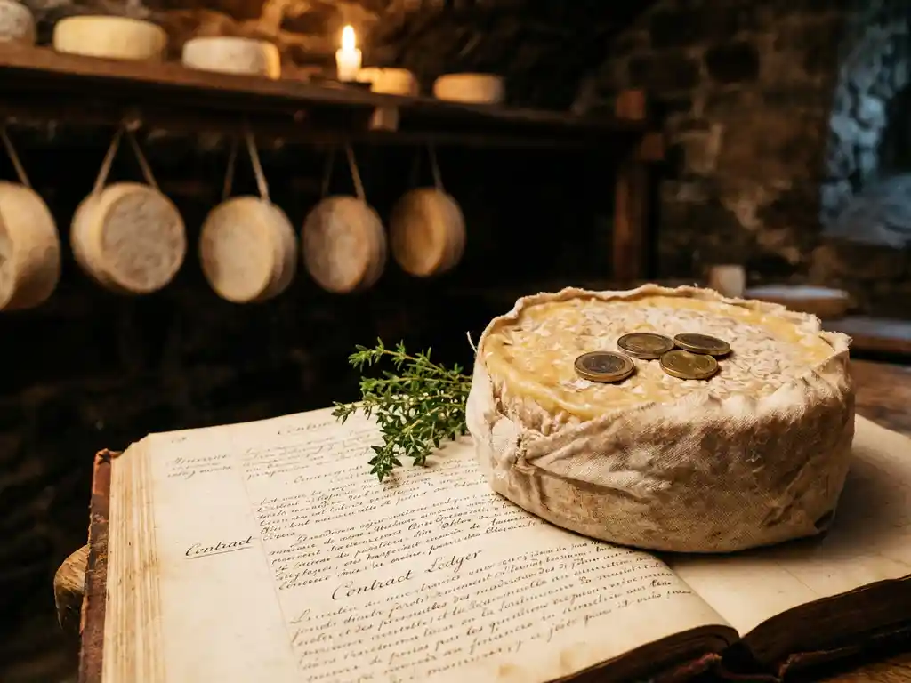 Geitenkaas op een houten kasboek met euromunten in de korst en een takje tijm, kelder met kaaswielen op de achtergrond.