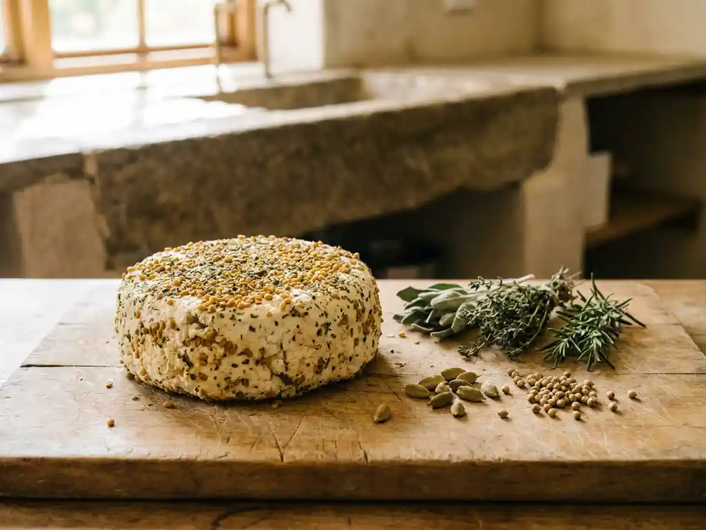Verse geitenkaasschijf bestrooid met gouden fenegriekzaadjes en gedroogde kruiden op een verweerd houten plank, rustieke zuiveltafel op achtergrond.