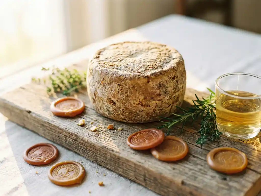 Wiel gerijpte geitenkaas op verweerd houten plank met bijenwasszegels, verse kruiden en glas witte wijn in zacht middaglicht.