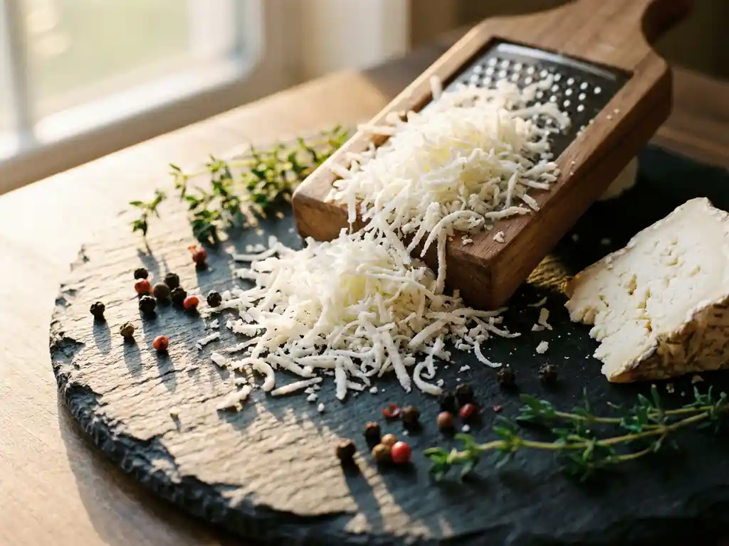 Vers geraspt geitenkaas op een leistenen plank met peperkorrels, tijmtakjes en een wig gerijpte geitenkaas in warm goudkleurig licht.