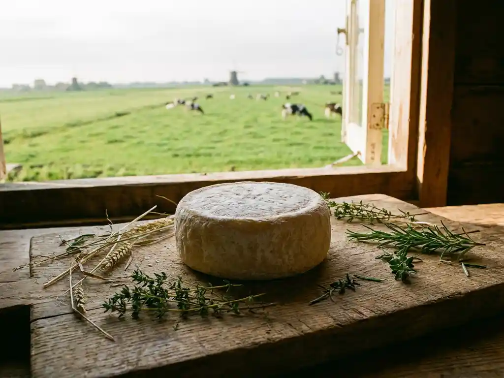 Verse geitenkaas op verweerd houten plank met wilde kruiden, hooibalen en Nederlands polderlandschap zichtbaar door zonnig stalraam.
