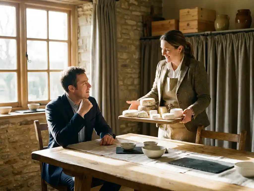 Kaasinkoper presenteert een houten plank met premium geitenkazen aan een executive tijdens zakelijke vergadering in warm natuurlijk licht.