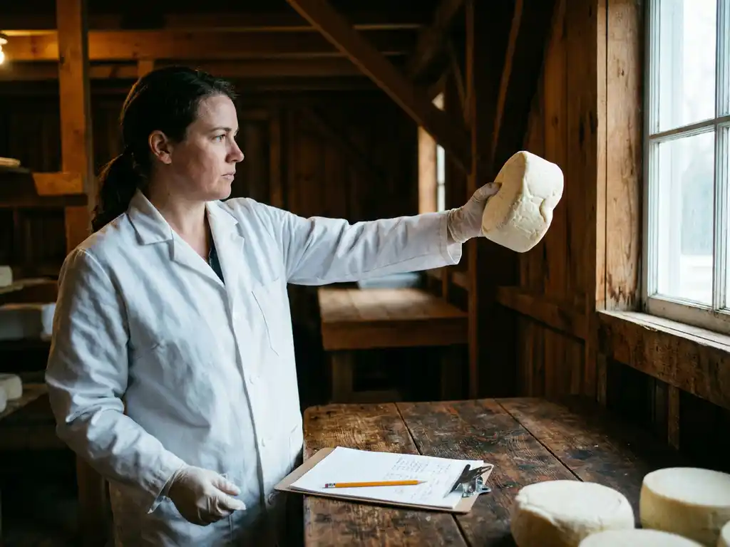 Kwaliteitscontroleur in witte jas houdt afgekeurde geitenkaas op afstand boven rustieke houten zuiveltafel met inspectie-klembord.