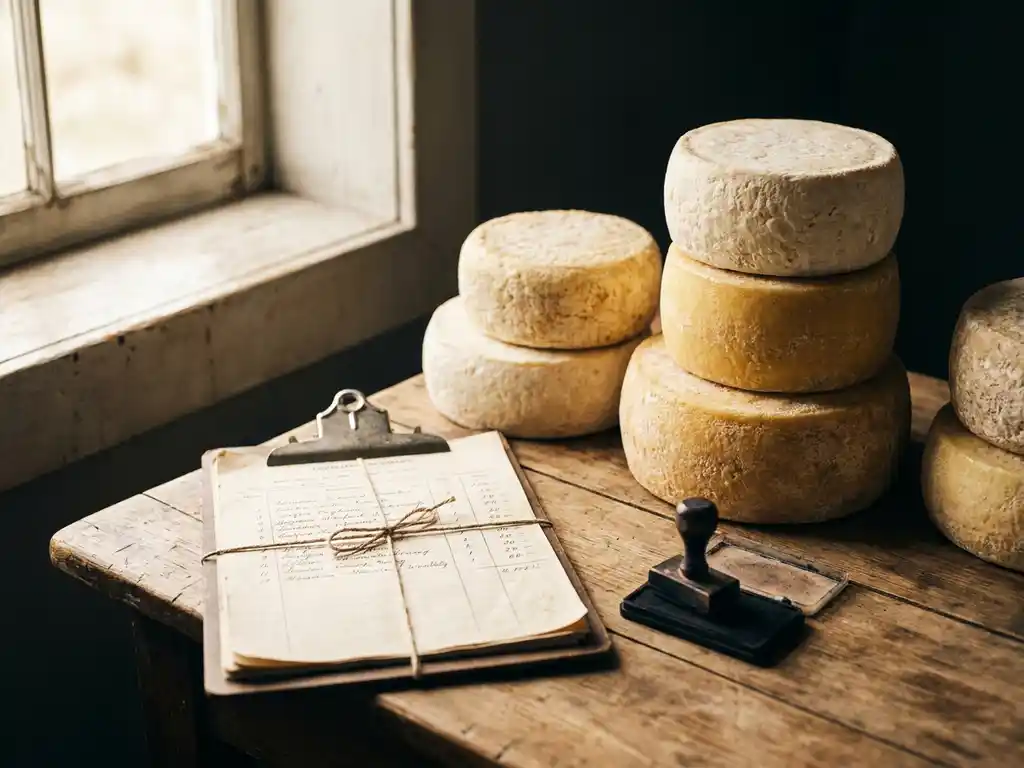 Gestapelde geitenkaaswielen naast een klembord met leveranciersdocumenten op een rustieke houten tafel, zacht natuurlijk licht.