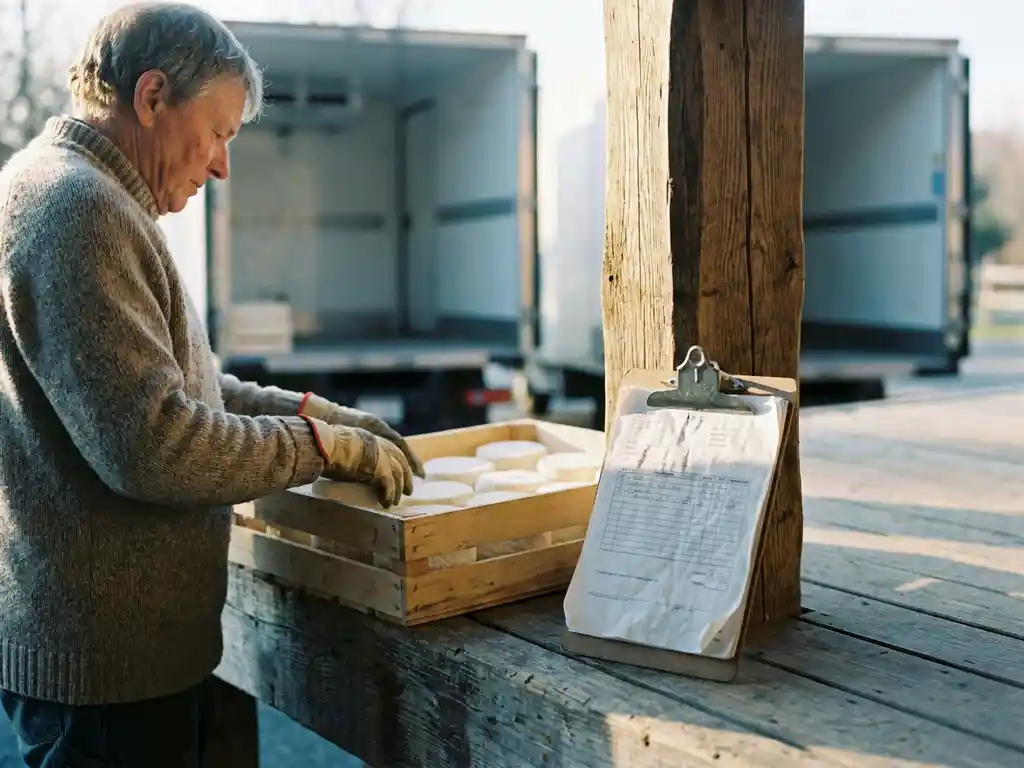 Houten krat met verse geitenkaaswielen geïnspecteerd op laadperron, klembord met leveringspapieren ertegenaan, koelwagen op achtergrond.