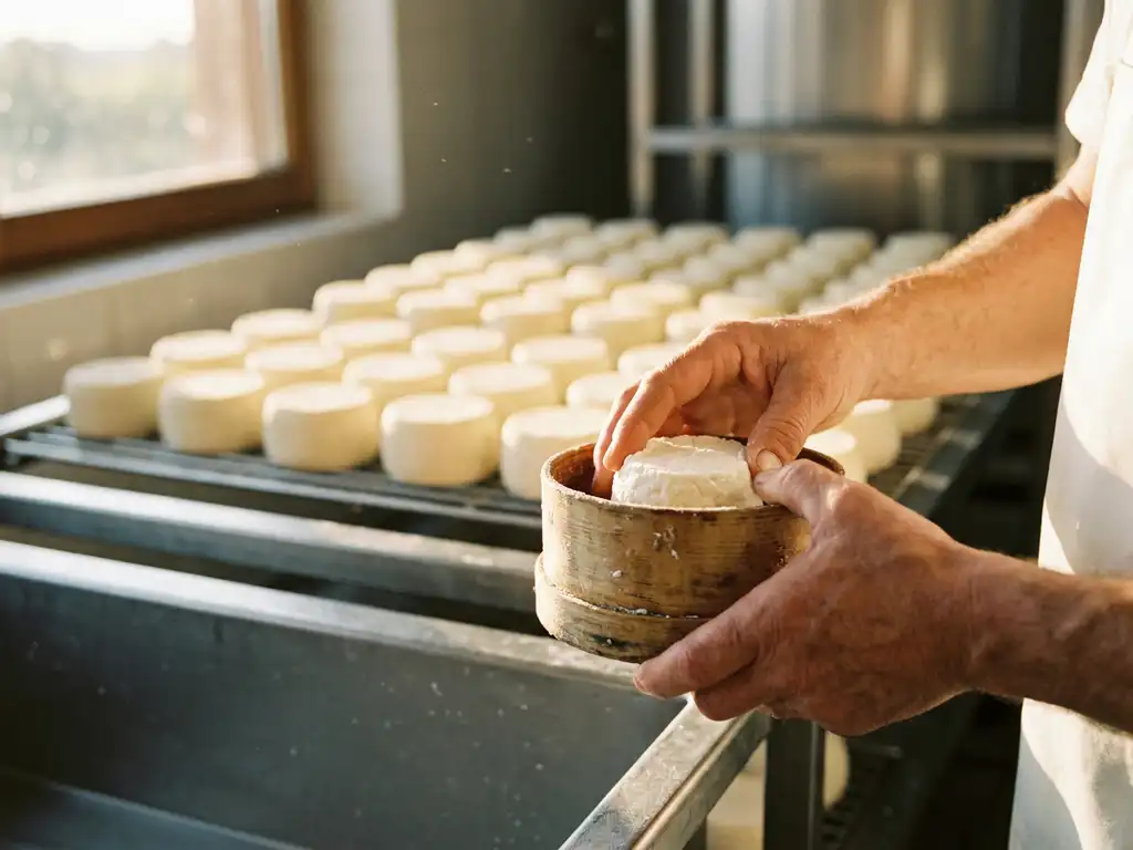 Weerverwerkte handen van een kaasmaker die verse geitenkaas in een houten mal vormt, met kaaswielen op roestvrijstalen rekken op de achtergrond.