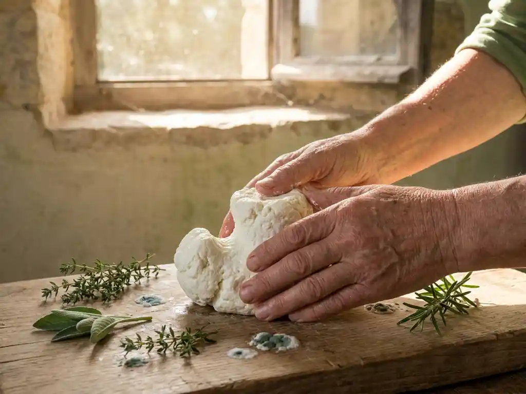 Verweerde handen van een kaasmaker die zachte witte geitenkaas vormt op rustiek houten plank, omringd door verse kruiden in stenen zuivelhuis.