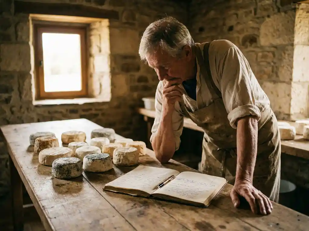 Cheesemaker buigt zich over rustieke houten tafel met ronde geitenkazen in verschillende rijpingsstadia, warm middaglicht door stenen raam.