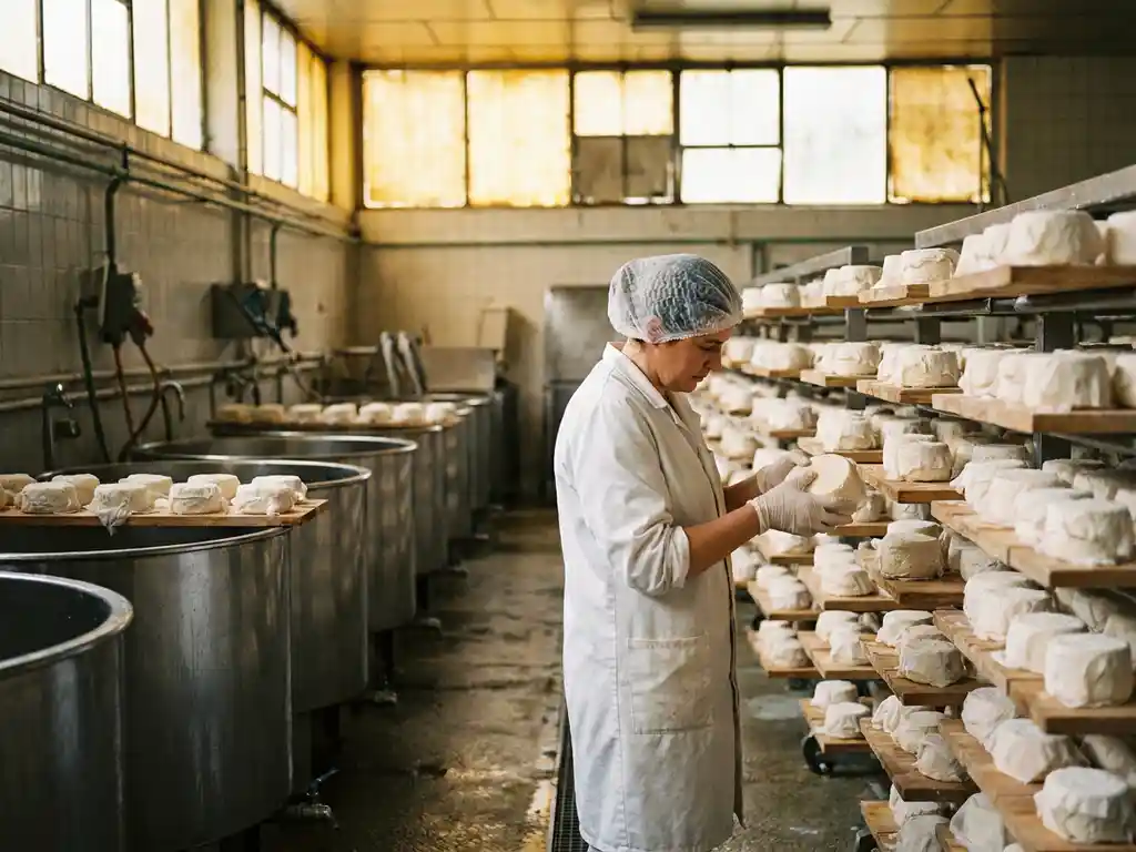 Kaasmaker in witte jas inspecteert verse geitenkaas op productievloer met roestvrijstalen vaten en rijpingsrekken.