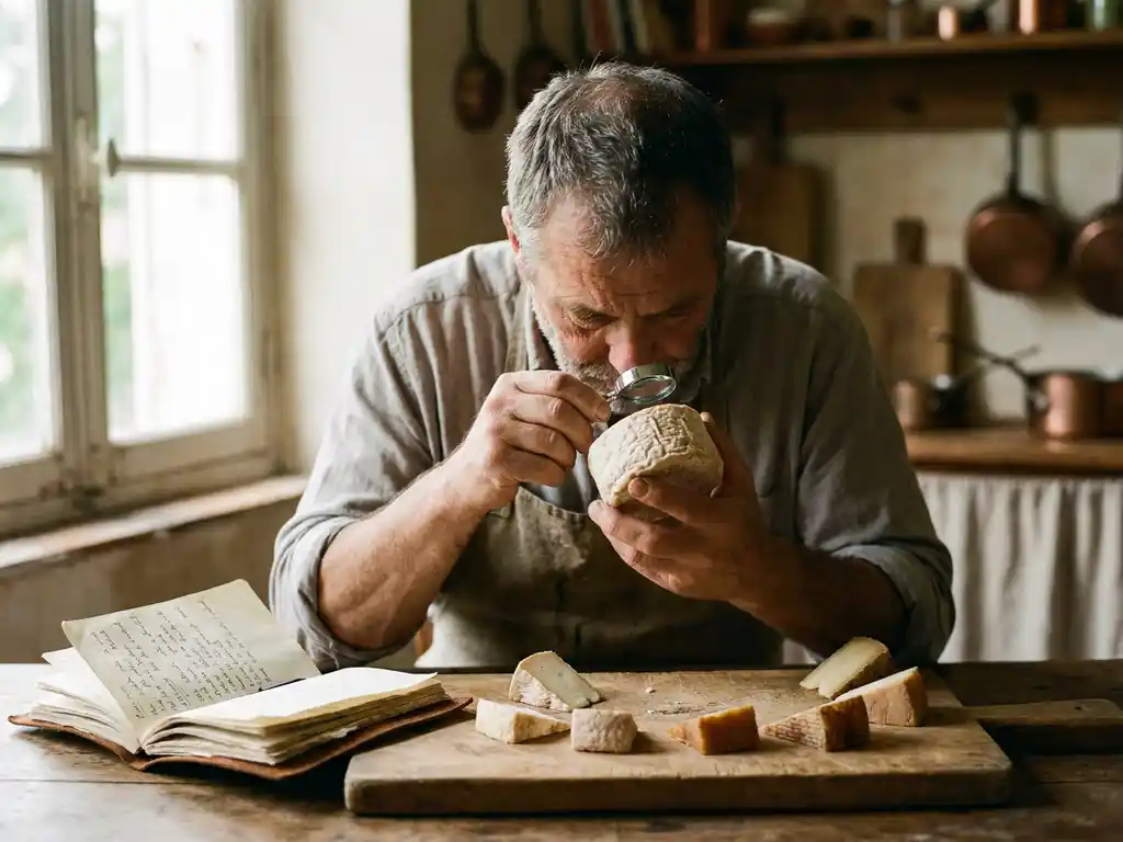 Cheesemaker inspecteert een wiel gerijpte geitenkaas op een rustiek houten plank, omringd door proefwiggen en een handgeschreven notitieboek.