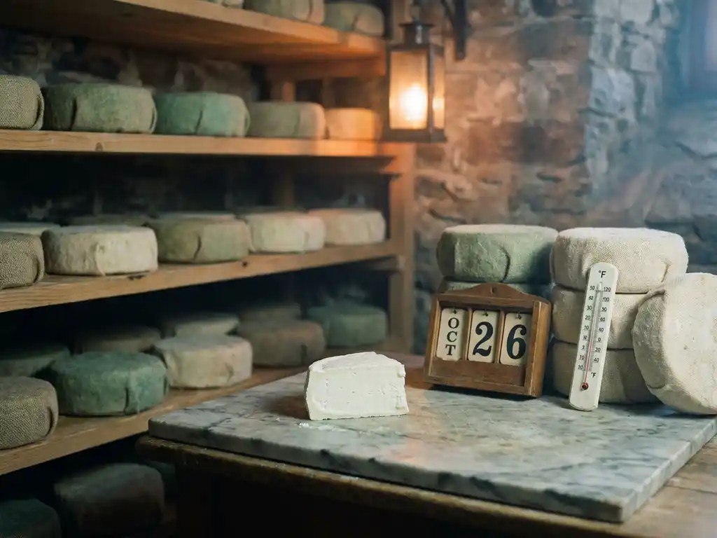 Verse witte geitenkaas op marmeren ondergrond in rustieke kaaskelder met rijpende ronden, thermometer en kalender op de achtergrond.