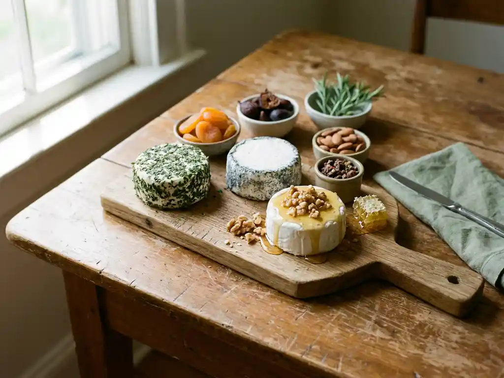 Geitenkaasrondjes met kruiden, as en honing op rustieke houten plank, omringd door internationale ingrediënten in warm natuurlijk licht.