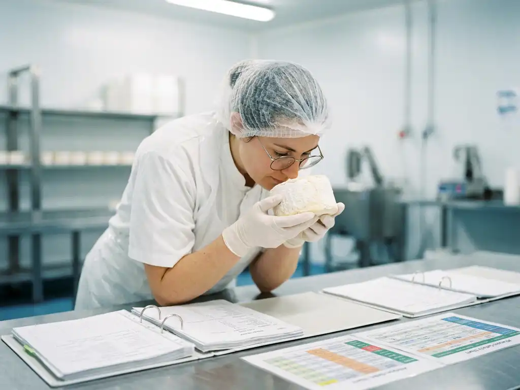 Kaasspecialist onderzoekt een zachte witte geitenkaas in een zuivelfaciliteit, met ingrediëntendocumentatie op roestvrijstalen werkblad.