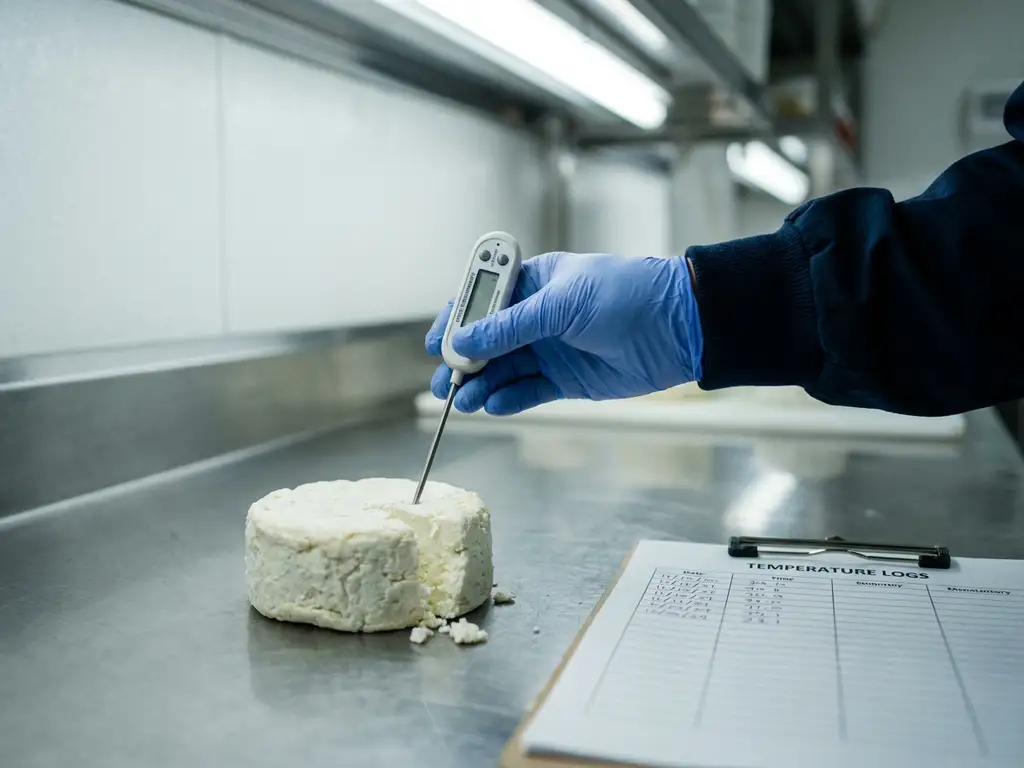 Voedselveiligheidsinspecteur steekt digitale thermometer in witte geitenkaas op roestvrijstalen oppervlak, klembord met temperatuurlogboek ernaast.