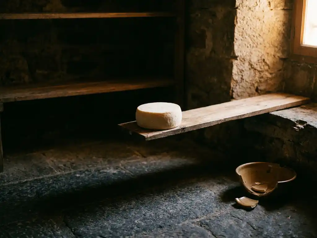 Geitenkaasje balanceert op smalle houten richel boven rustieke stenen keldergrond, met lege rijpingsrekken in de schaduw.