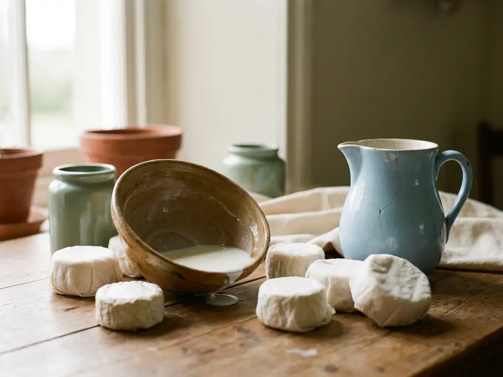 Verweerde keramische kom verse geitenmelk op rustieke houten tafel, omringd door zachte geitenkaasjes en een lichtblauwe kruik.