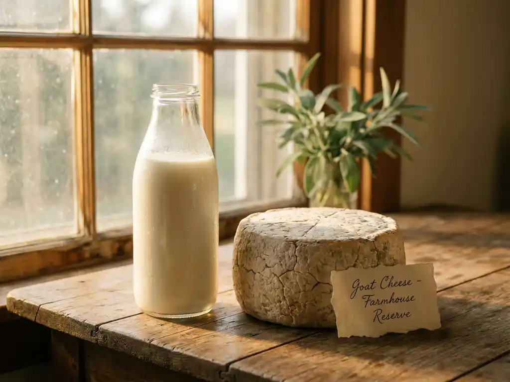 Glazen fles verse geitenmelk naast een ambachtelijk geitenkaasje op een verweerde houten tafel, zacht ochtendlicht.
