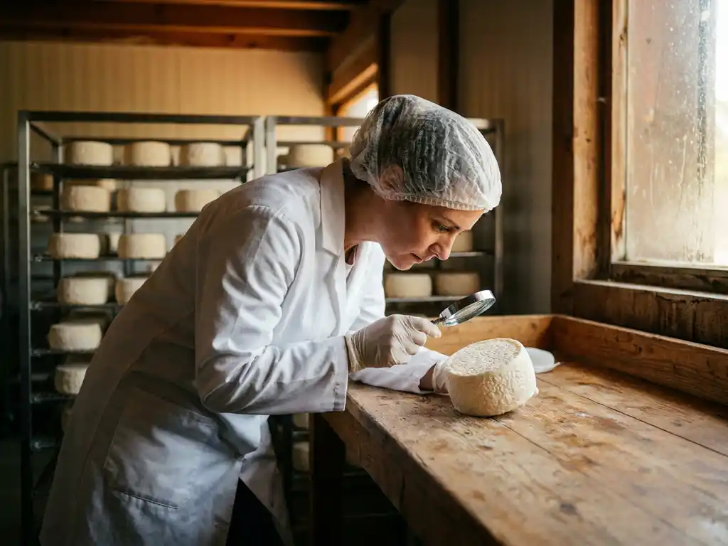 Voedselveiligheidsauditor in witte jas inspecteert verse geitenkaas op houten tafel in traditionele kaasmakerij.