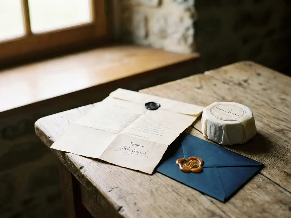 Ondertekende ontslagbrief op rustieke houten tafel naast een verzegelde envelop met wasstempel, perkamentpapier en een klein wiel geitenkaas.