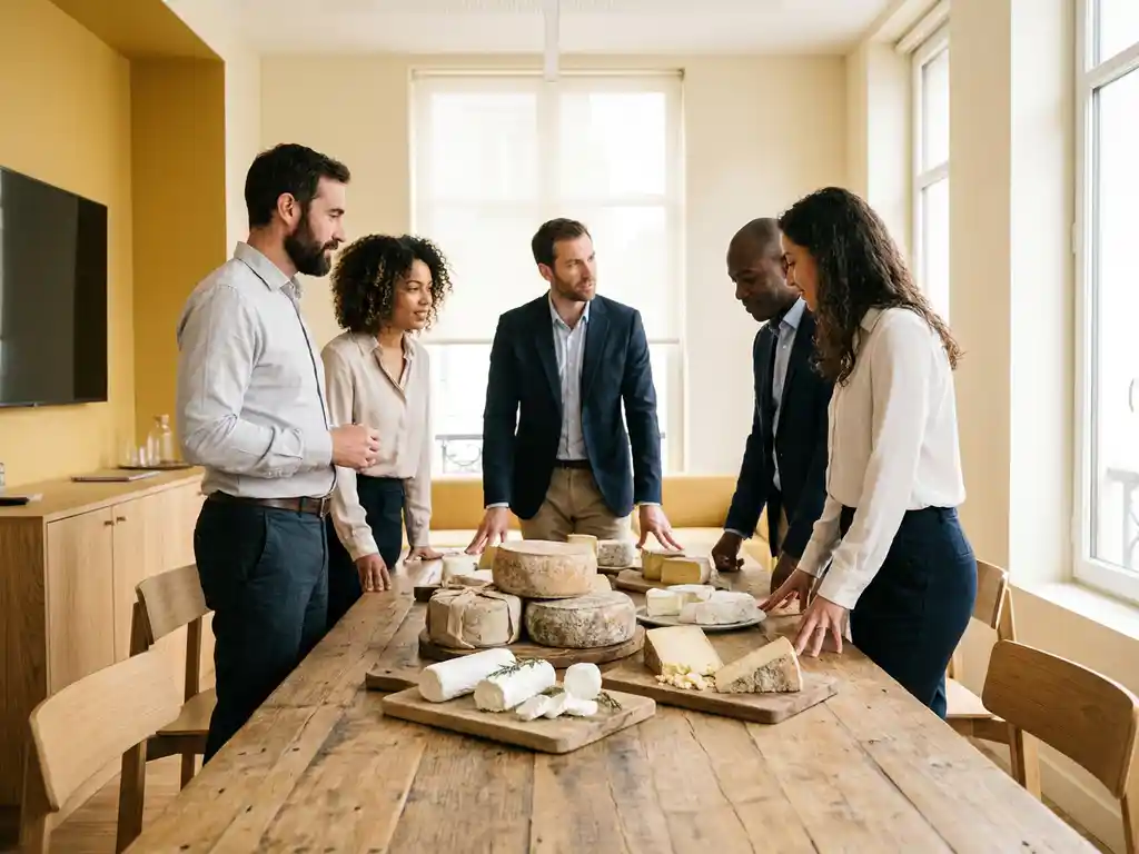 Diverse professionals rond een rustieke houten tafel met een ambachtelijke kaasplank van gerijpte ronden, verse logs en wiggen in een lichte moderne vergaderruimte.