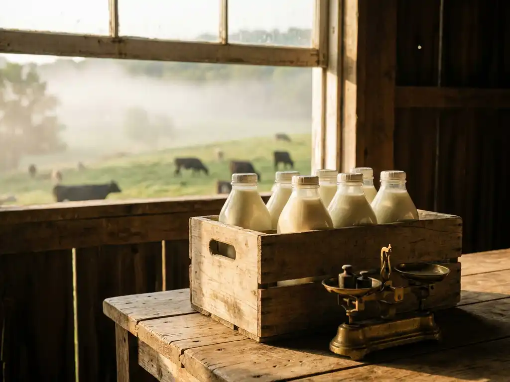Verweerde houten krat met rauwe geitenmelkflessen op een rustieke Nederlandse melkveeboerderij, met een koperen weegschaal en groene weilanden op de achtergrond.
